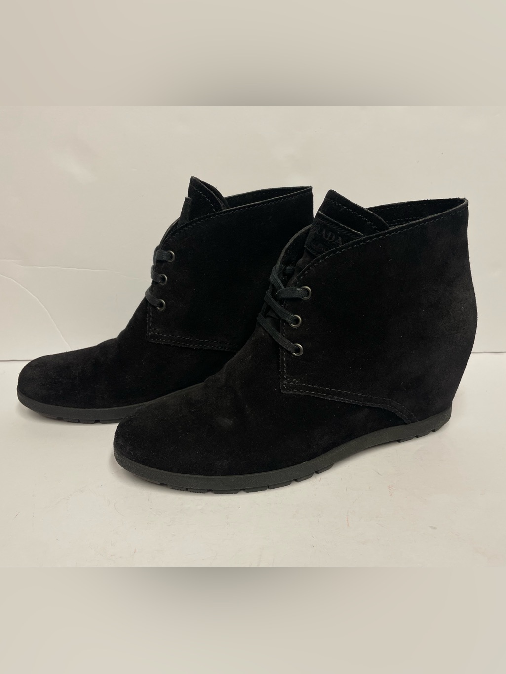 Prada Sport Black Suede Wedge Ankle Boots - Women's Lace-Up Bootie 40
